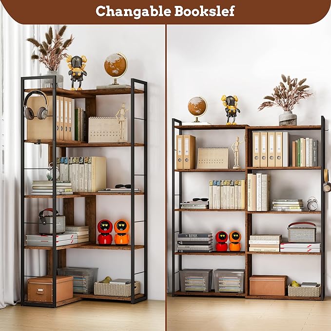 5 Tier Bookshelf Wood Bookcase with 2 Hooks Modern Corner Bookshelf Library Industrial Shelving Book Case Adjustable Book Shelves for Bedroom Living Room Home Office Rustic Brown - LeafyLoom