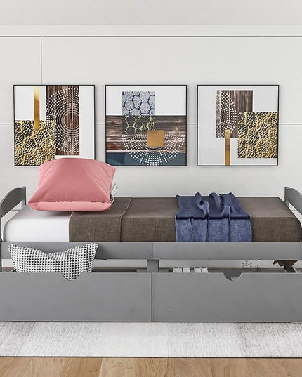 Merax Classic Solid Wood Day Bed with Storage Drawers Platform Bed for Living Room Beedroom Twin Grey - LeafyLoom