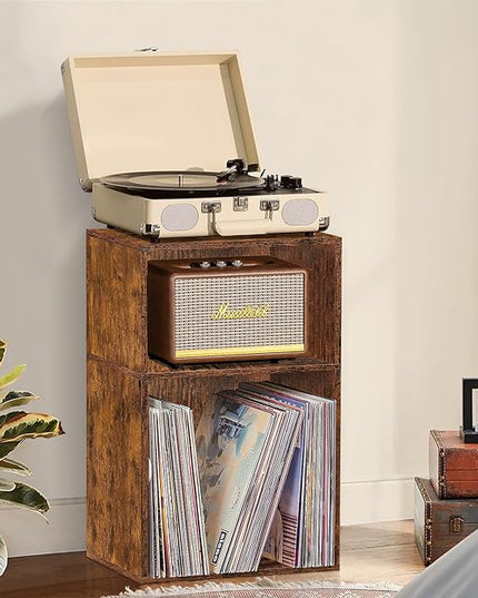 LEYAOYAO 2 Cube Bookshelf,Brown Record Player Stand Holds up to 100 Albums, Mini Wood Book Shelf Storage Organizer,Turntable Stand with Vinyl Storage Cabinet, Narrow Open Bookcase for Small Spaces - LeafyLoom