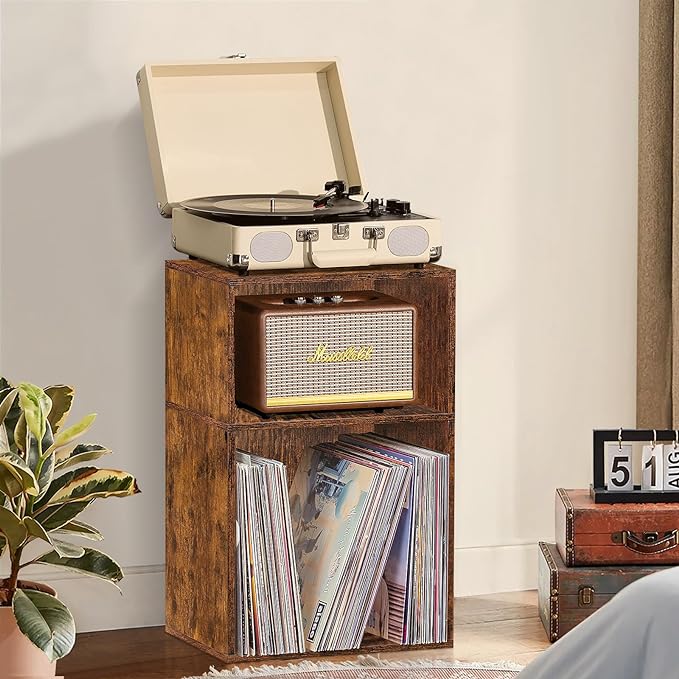 LEYAOYAO 2 Cube Bookshelf,Brown Record Player Stand Holds up to 100 Albums, Mini Wood Book Shelf Storage Organizer,Turntable Stand with Vinyl Storage Cabinet, Narrow Open Bookcase for Small Spaces - LeafyLoom