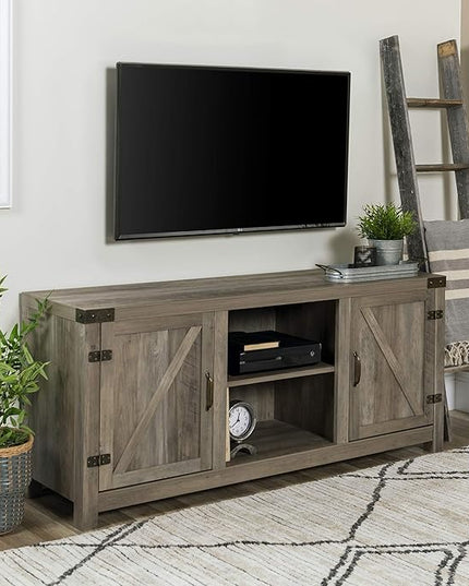 Walker Edison Georgetown Modern Farmhouse Double Barn Door TV Stand for TVs up to 65 Inches, 58 Inch, Grey - LeafyLoom
