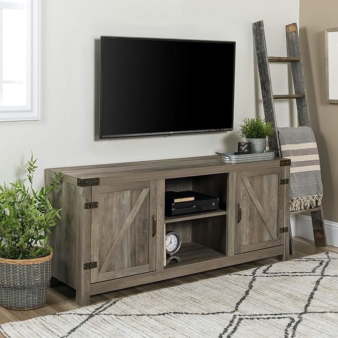 Walker Edison Georgetown Modern Farmhouse Double Barn Door TV Stand for TVs up to 65 Inches, 58 Inch, Grey - LeafyLoom