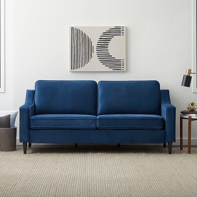 Edenbrook Jensen Upholstered Couch - Couches for Living Room – Blue Velvet Couch - Living Room Furniture - Small Couch - Seats Three - Scoop Arm Modern Couch - LeafyLoom