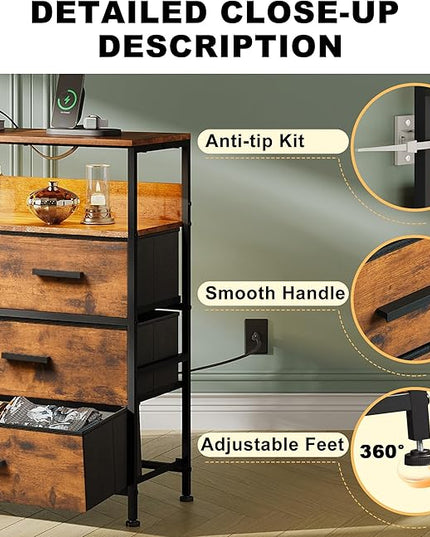 Dresser TV Stand with 7 Drawers, Dresser TV Stand with LED Lights & Power Outlets, Bedroom Dresser, Chest of Drawers up to 45'' Long TV, Wide Fabric Dresser with Open Shelf (Rustic Brown) - LeafyLoom