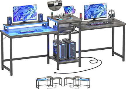 Unikito Two Person Desk with LED Light and Power Outlet, Double Computer Desks with Monitor Stand and Printer Stand, Double Gaming Computer Desk, Long Gaming Desk, Home Office Work Desk, Black Oak - LeafyLoom