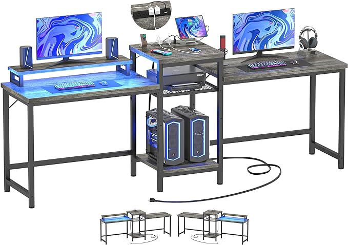Unikito Two Person Desk with LED Light and Power Outlet, Double Computer Desks with Monitor Stand and Printer Stand, Double Gaming Computer Desk, Long Gaming Desk, Home Office Work Desk, Black Oak - LeafyLoom