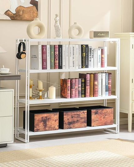 HCHQHS Bookshelf, 4-Tier Industrial Bookcase, White Open Book Shelf, Freestanding Tall Bookshelves with Metal Frame - LeafyLoom