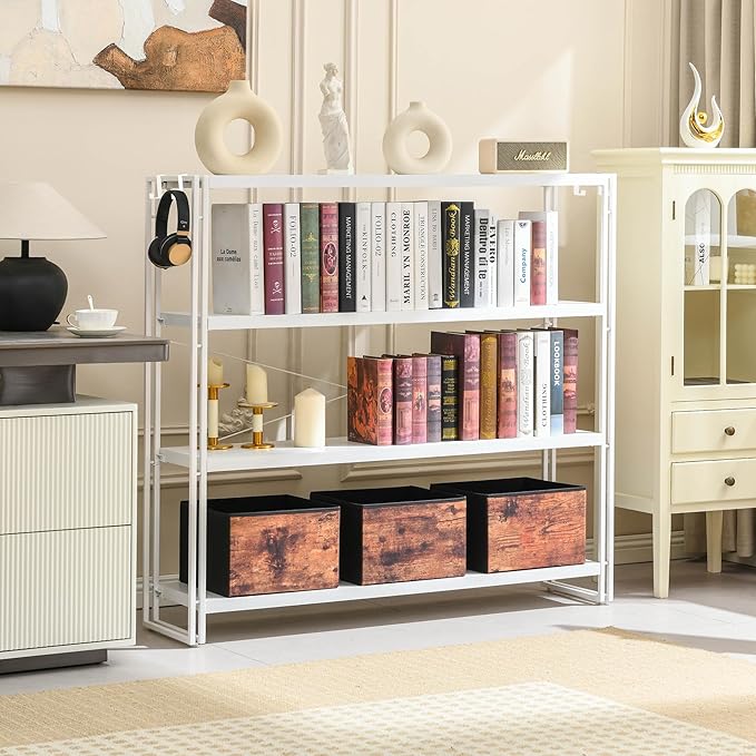 HCHQHS Bookshelf, 4-Tier Industrial Bookcase, White Open Book Shelf, Freestanding Tall Bookshelves with Metal Frame - LeafyLoom