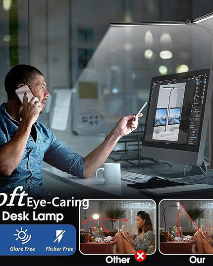 LED Desk Lamp, 24W Double Head Desk Lamp with Clamp, Modern Eye Caring Architect lamp with 5 Color Modes and 5 Dimmable, for Workbench, Monitor, Reading, Home Office - LeafyLoom