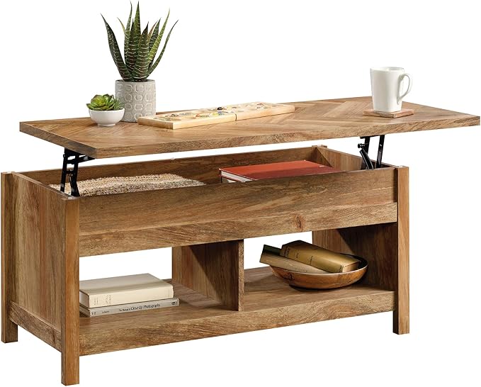 Sauder Cannery Bridge Lift Top Coffee Table, L: 43.15" x W: 19.45" x H: 19.02", Sindoori Mango finish - LeafyLoom