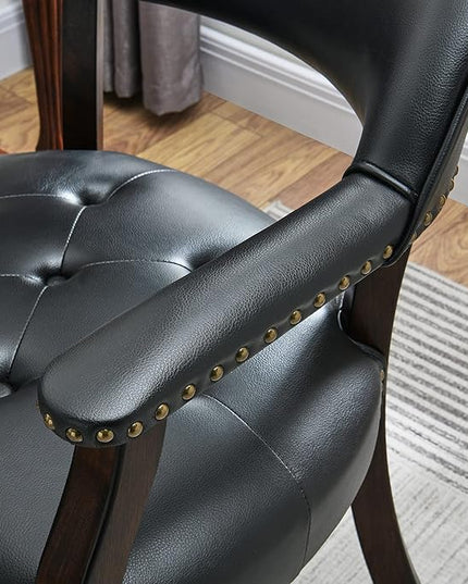 Large Dining Chairs with Casters and Arms, Rolling Dining Chairs with Wheels, Accent Game Poker Chairs, Boss Caption's Chairs, 26" D x 25.2" W x 31.5" H, Espresso Legs & Black PU, SY-318-BK - LeafyLoom