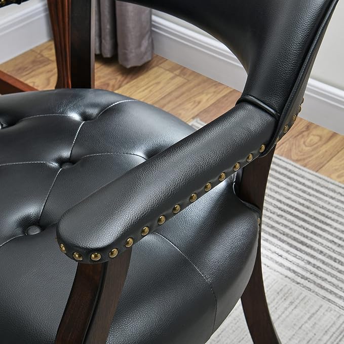 Large Dining Chairs with Casters and Arms, Rolling Dining Chairs with Wheels, Accent Game Poker Chairs, Boss Caption's Chairs, 26" D x 25.2" W x 31.5" H, Espresso Legs & Black PU, SY-318-BK - LeafyLoom