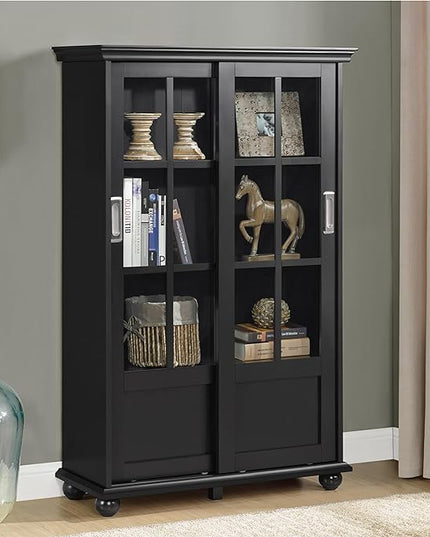 Ameriwood Home Aaron Lane Bookcase with Sliding Glass Doors, Black - LeafyLoom