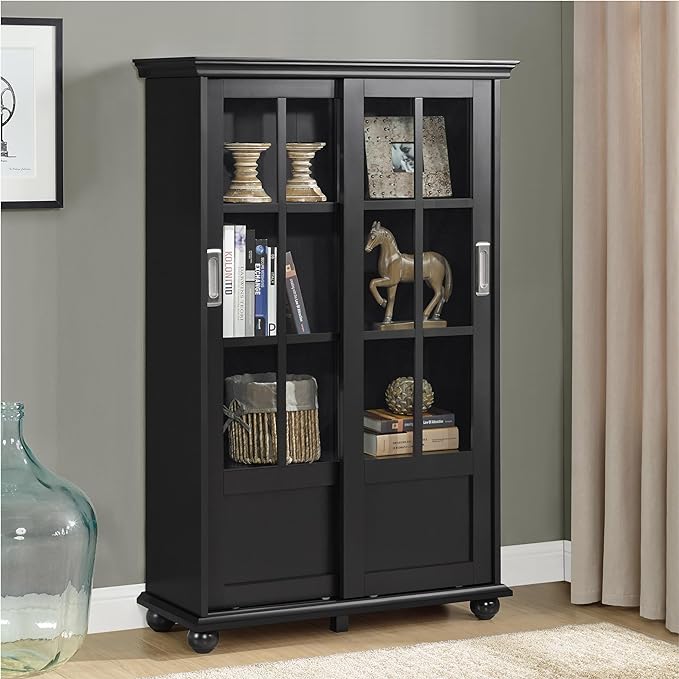 Ameriwood Home Aaron Lane Bookcase with Sliding Glass Doors, Black - LeafyLoom