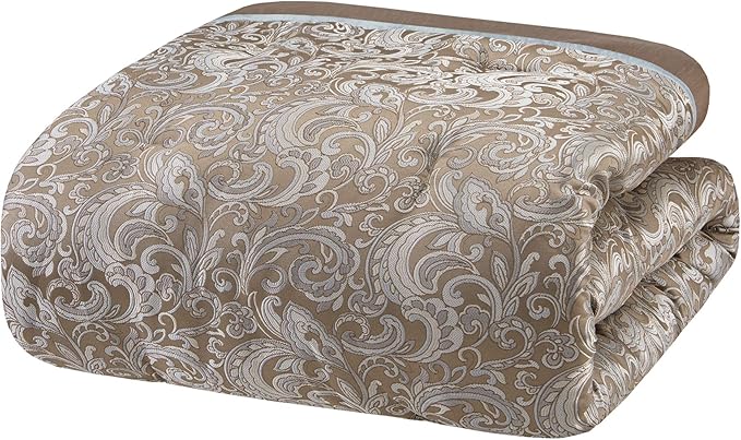 Madison Park Essentials Brystol 24 Piece Room in a Bag Faux Silk Comforter Jacquard Paisley Design Matching Curtains Down Alternative Hypoallergenic All Season Bedding-Set, King (104 in x 92 in), Blue - LeafyLoom