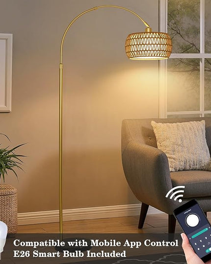 Gold Floor Lamps for Living Room, Arc Floor Lamp with Remote & Dimmable Bulb, Boho Rattan Standing lamp with 3 Color Temperatures, Height Adjustable Tall Lamp for Bedroom, Over Couch Reading Lamp - LeafyLoom