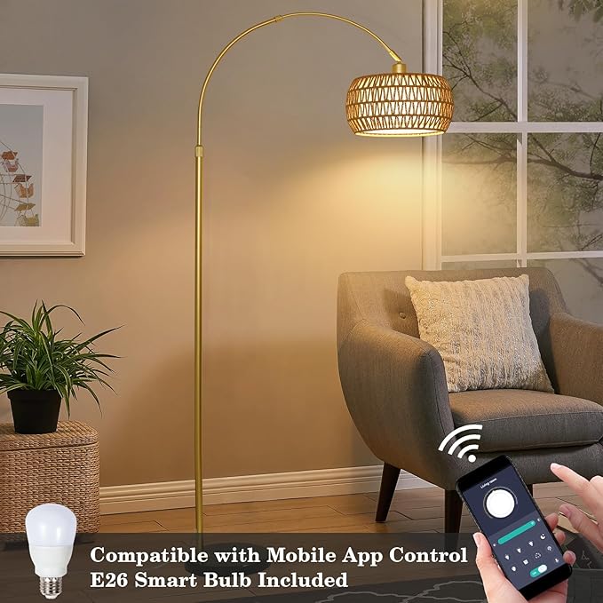 Gold Floor Lamps for Living Room, Arc Floor Lamp with Remote & Dimmable Bulb, Boho Rattan Standing lamp with 3 Color Temperatures, Height Adjustable Tall Lamp for Bedroom, Over Couch Reading Lamp - LeafyLoom