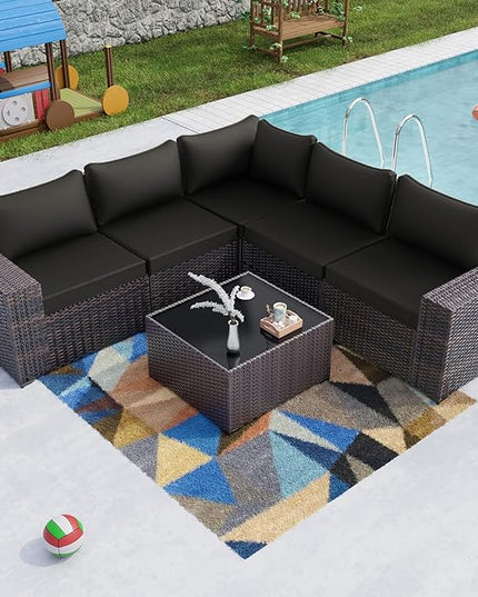 Kullavik 6PCS Outdoor Patio Furniture Set PE Wicker Rattan Sectional Sofa Patio Conversation Sets,Black - LeafyLoom