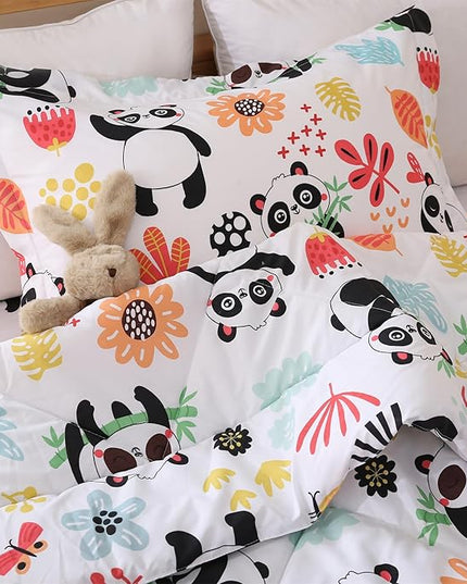JSD Panda Flower Kids Comforter Set, 2 Pieces Twin Microfiber Comforter with Pillow Sham, Soft Comfortable Machine Washable - LeafyLoom