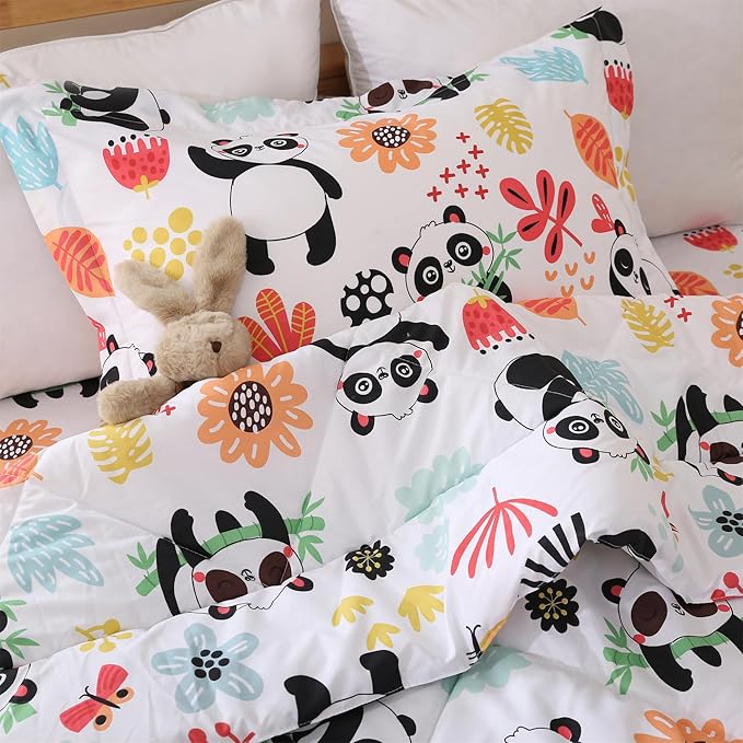JSD Panda Flower Kids Comforter Set, 3 Pieces Full Microfiber Comforter with Pillow Shams, Soft Comfortable Machine Washable - LeafyLoom