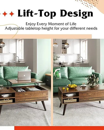 WLIVE Wood Lift Top Coffee Table with Hidden Compartment and Adjustable Storage Shelf, Lift Tabletop Dining Table for Home Living Room, Office, Rustic Oak - LeafyLoom