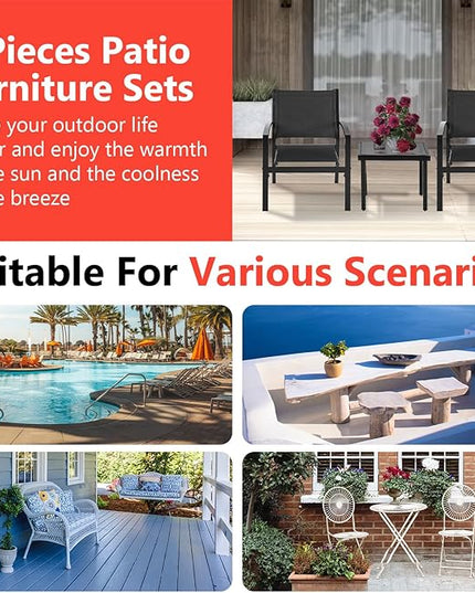 FDW 3 Pieces Patio Furniture Set, Outdoor Garden Patio Conversation Sets with Glass Top Table & 2 Lawn Chairs Outdoor Bistro Set, for Backyard Lawn Porch Garden Poolside Balcony - LeafyLoom