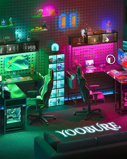 Yoobure L Shaped Desk Gaming Desk with LED Strip & Power Outlet, Reversible L-Shaped Computer Desk with Storage Shelf & Drawer, Corner Desk with Storage Bag, 2 Person Home Office Desk, Gray - LeafyLoom