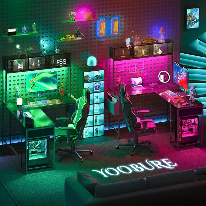 Yoobure L Shaped Desk Gaming Desk with LED Strip & Power Outlet, Reversible L-Shaped Computer Desk with Storage Shelf & Drawer, Corner Desk with Storage Bag, 2 Person Home Office Desk, Gray - LeafyLoom