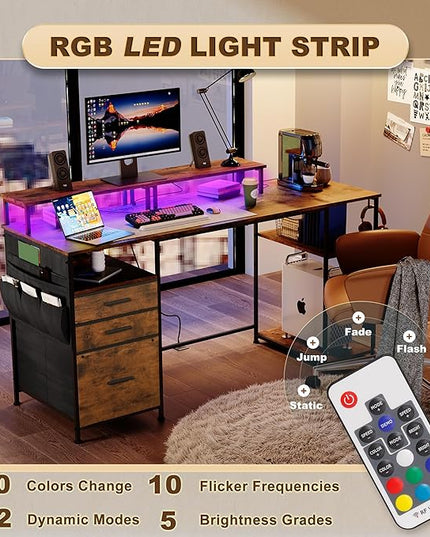 Computer Desk with 3 File Cabinet Drawers, 57.8'' Reversible Gaming Desk with LED Lights and Power Outlets, Office Desk with Storage Shelves for Home & Office (Rustic Brown) - LeafyLoom
