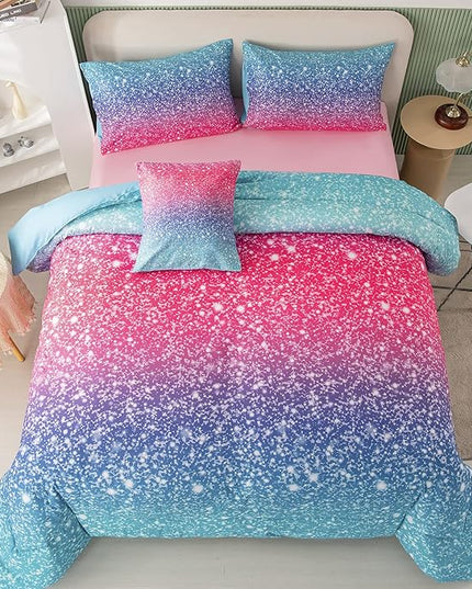 PERFEMET Girls Comforter Set Twin Size 6 Piece Bed in A Bag 3D Colorful Rainbow Bedding Comforter Sheet Set for Kids - (1 Comforter, 1 Flat Sheet, 1 Fitted Sheet, 2 Pillowcases, 1 Cushion Cover) - LeafyLoom