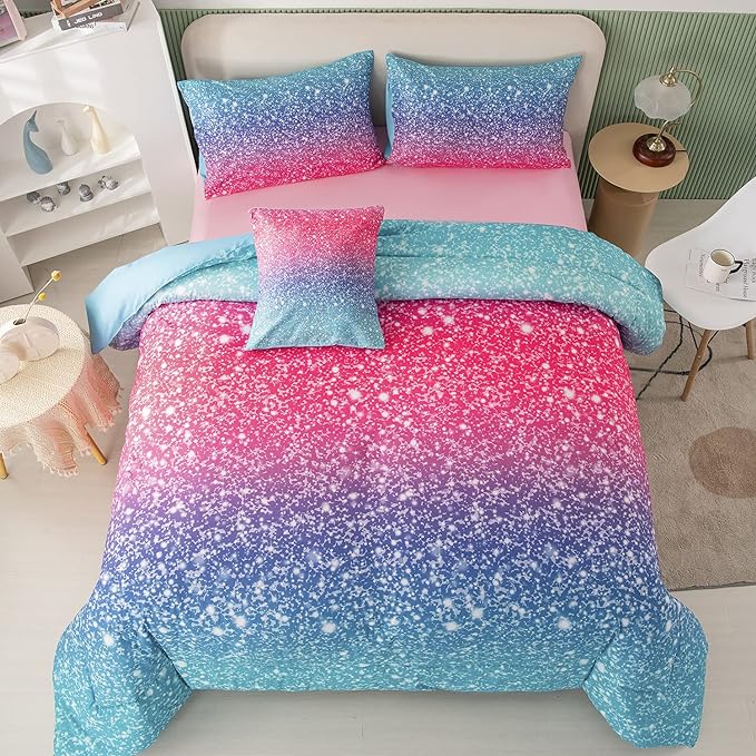 PERFEMET Girls Comforter Set Queen Size, 6 Piece Bed in A Bag, Colorful Rainbow Bedding Set with Comforter and Sheet, Gradient Pink Glitter Galaxy Bed Set for Teen Girls Kids Women, Blue Turquoise - LeafyLoom