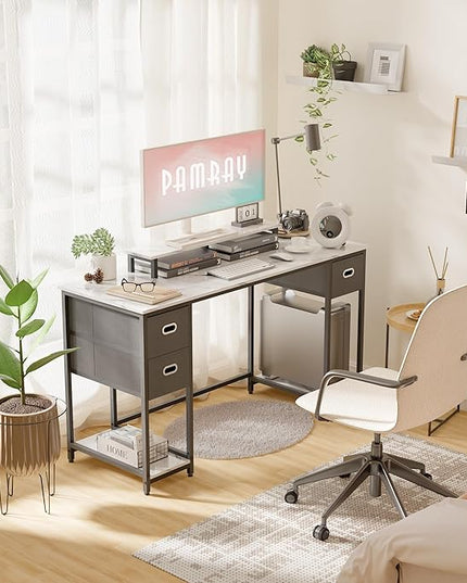 Pamray 55 Inch Computer Desk with Non-woven Storage Drawers and Monitor Stand Home Office Desk for Bedroom Study Table Writing and Work Desk White Marble - LeafyLoom
