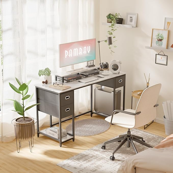 Pamray 55 Inch Computer Desk with Non-woven Storage Drawers and Monitor Stand Home Office Desk for Bedroom Study Table Writing and Work Desk White Marble - LeafyLoom