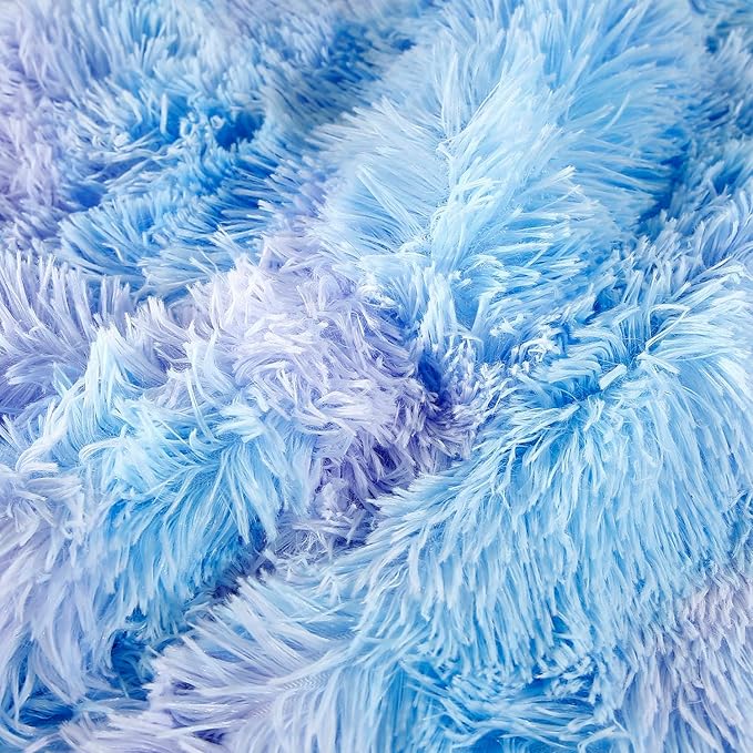 WINLIFE Shaggy Bedding Comforter Set Faux Fur Flannel Furry Comforter Microfiber Plush Comforter Sets Pastel Gradient Ombre Tie Dye MultiColor Bedding for Girls Adults (3Pcs, Queen, Purple Blue) - LeafyLoom