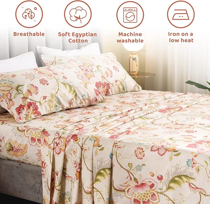 QSH Floral Bed Sheets Set - Queen Size Boho Lotus Print Bed Sheet Set - Extra Soft and Breathable 100% Egyptian Cotton - Farmhouse Bedding - 4 pcs Deep Pockets Flower Bed Sheets - LeafyLoom