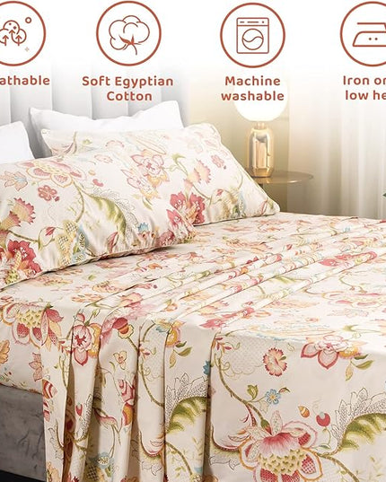 QSH 100% Egyptian Cotton Sheets Cal King Size, Red Yellow Flowers Leaves Pattern Botanical Printed Flower Bedding Sheets, 4pcs Deep Pocket Bed Sheet Set - LeafyLoom