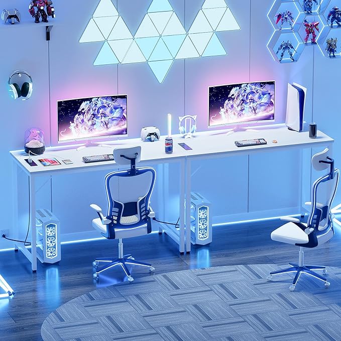 47 Inch Computer Desks with Power Outlets and USB Charging Ports, Modern Office Desk for Small Spaces, Sturdy Laptop PC Gaming Writing Table for Students, Pure White - LeafyLoom