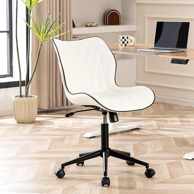 YOUNUOKE Office Desk Chair, Comfy Home Office Chairs, Small Comfortable Desk Chairs with Wheels, Armless PU Leather Chairs for Computer Conference, White - LeafyLoom