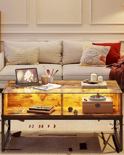 Bestier LED Coffee Tables for Living Room, 42 Inch Wood Center Table with Glass Top for Game Night. Rustic Brown - LeafyLoom