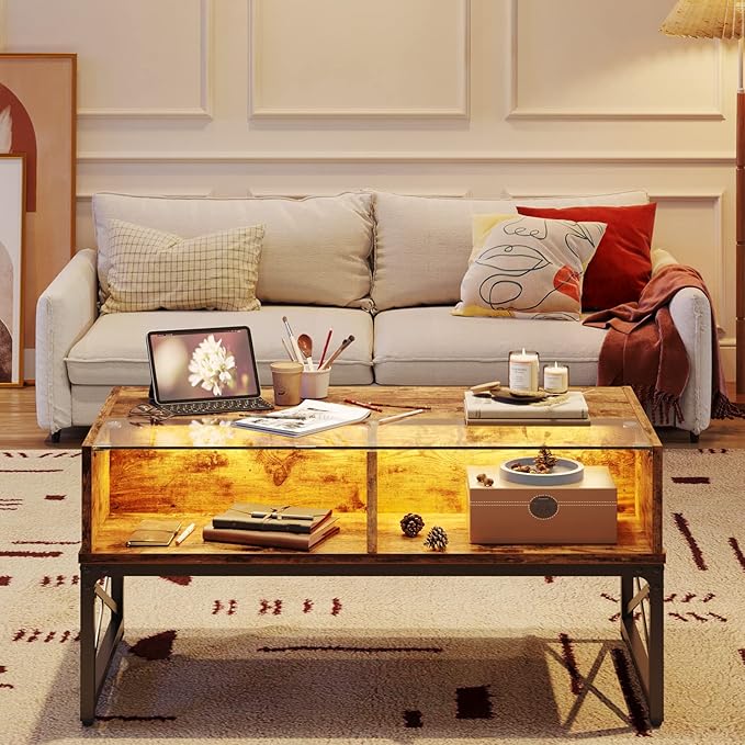 Bestier LED Coffee Tables for Living Room, 42 Inch Wood Center Table with Glass Top for Game Night. Rustic Brown - LeafyLoom