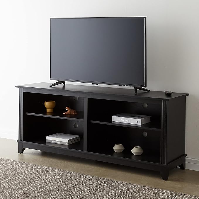 ROCKPOINT 58inch TV Stand Media Console for TV’s up to 65 Inches, Home Living Room Storage Console, Entertainment Center with 4 Open Storage Shelves, Modern TV Console Table (Black) - LeafyLoom
