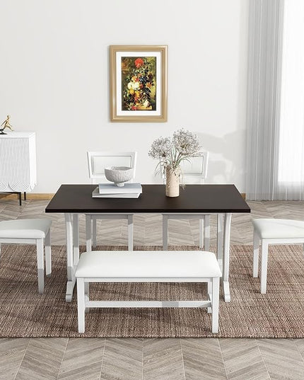 Dining Table Set for 6, Farmhouse 6-Piece Trestle Dining Room Table Set with Upholstered Dining Chairs and Bench, Kitchen Table Set for Dining Room, White - LeafyLoom