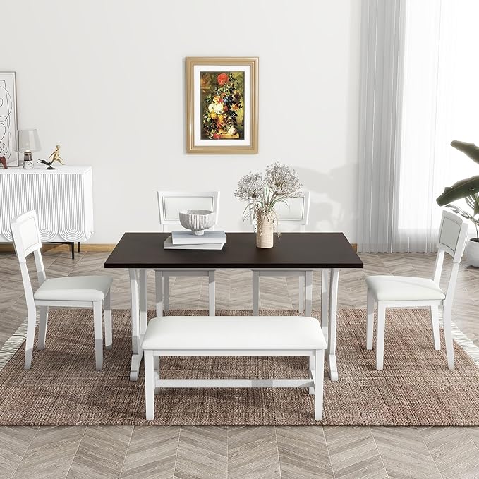 Dining Table Set for 6, Farmhouse 6-Piece Trestle Dining Room Table Set with Upholstered Dining Chairs and Bench, Kitchen Table Set for Dining Room, White - LeafyLoom