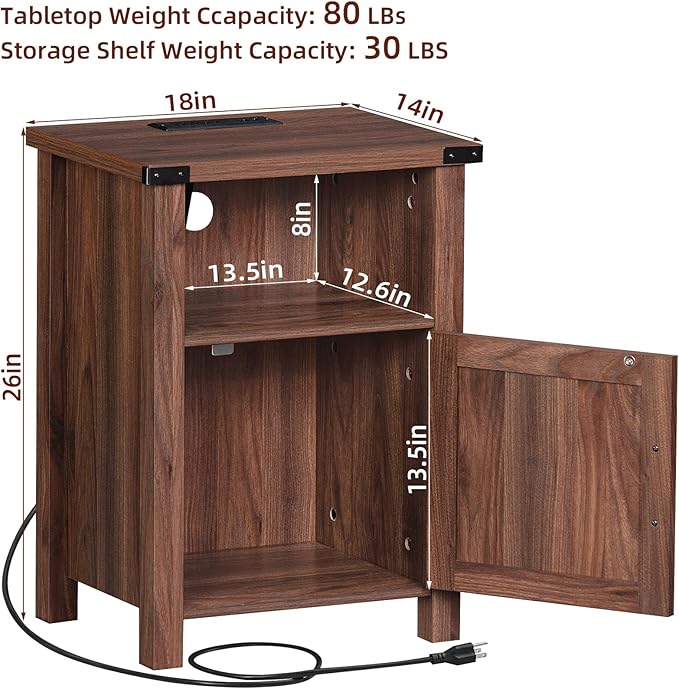 Night Stand, 18 Inch Farmhouse Nightstand with with Charging Station and USB Port, Rustic Couch End Table with Magnetic Door, Wood Bed Side Tables for Bedroom, Home, Brown Walnut - LeafyLoom