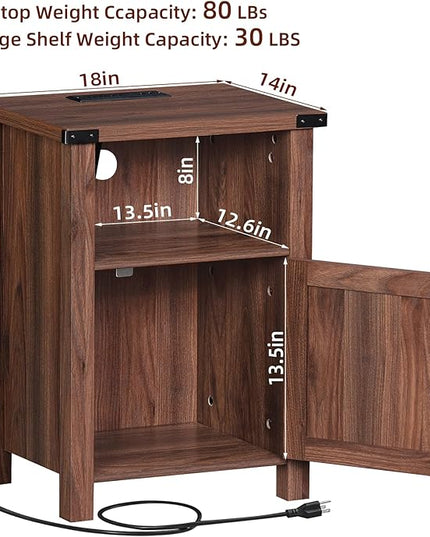 Night Stand Set of 2, 18 Inch Farmhouse Nightstand with with Charging Station and USB Port, Rustic Wood Bedside Table with Magnetic Door, Bed Side Tables for Bedroom, Brown Walnut - LeafyLoom