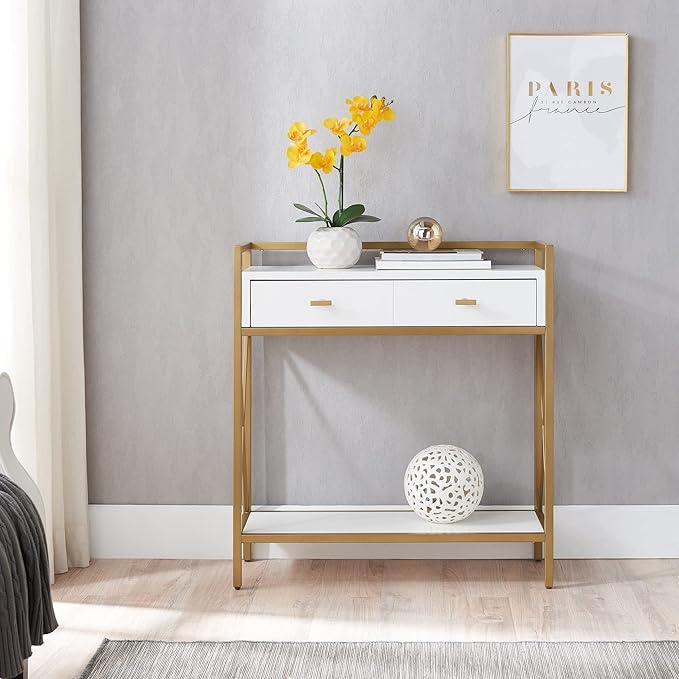 Leick Home 9231-WTGL Claudette Mixed Metal and Wood Hall Stand with Shelf, White/gold - LeafyLoom