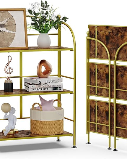 FRAPOW Folding Bookshelf No Assembly, 3 Tier Shelf Gold Collapsible Bookcase, Arched Metal Display Portable Book Shelf with Storage Shelves for Bedroom, Living Room, Home Office - LeafyLoom