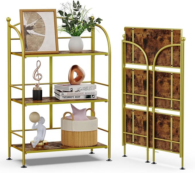 FRAPOW Folding Bookshelf No Assembly, 3 Tier Shelf Gold Collapsible Bookcase, Arched Metal Display Portable Book Shelf with Storage Shelves for Bedroom, Living Room, Home Office - LeafyLoom