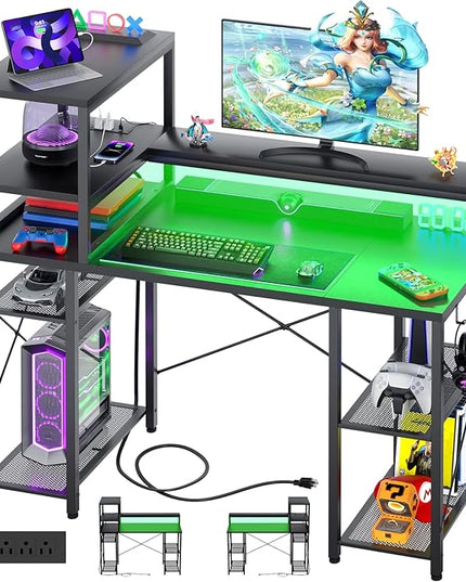 Cyclysio Gaming Desk with LED Light, 47 inch Computer Desk with Storage Shelves, Adjustable Home Office Desk with Power Outlets, Computer Gaming Desk with Long Monitor Stand for Small Space, Black - LeafyLoom