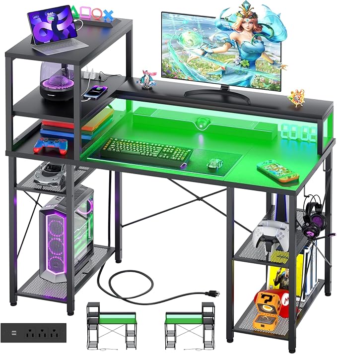 Cyclysio Gaming Desk with LED Light, 47 inch Computer Desk with Storage Shelves, Adjustable Home Office Desk with Power Outlets, Computer Gaming Desk with Long Monitor Stand for Small Space, Black - LeafyLoom